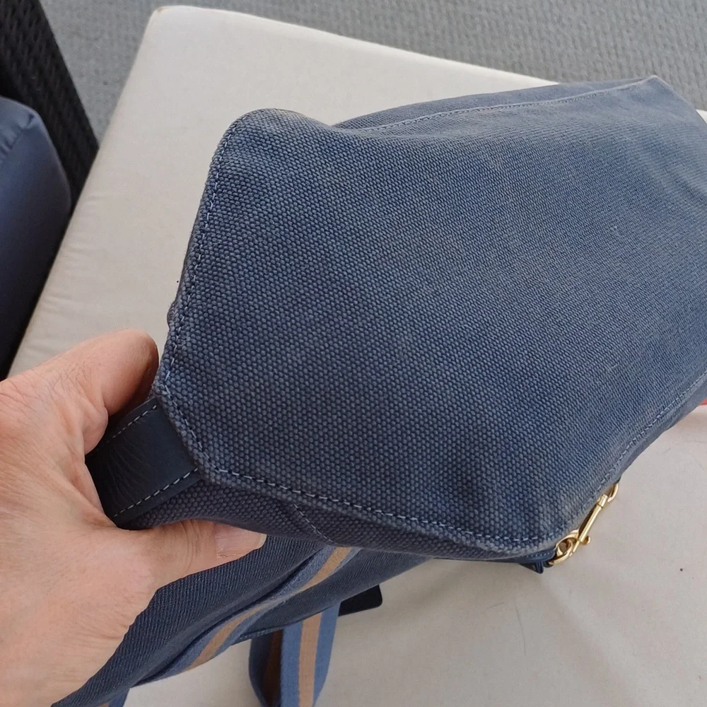 Coach Navy and Tan Canvas Tote Bag with Striped Strap